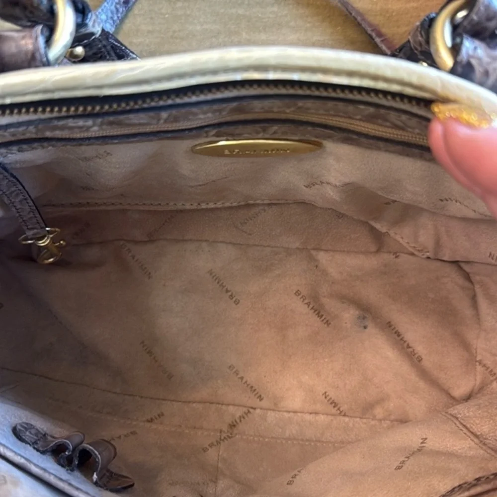 Brahmin Brown and Cream Satchel with Croc Embossed Leather - Picture 12 of 15